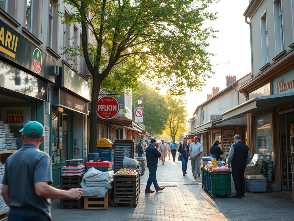 Grafika przedstawiająca zielony ogródek działkowy z elementami infrastruktury, symbolizująca dotacje na Rodzinne Ogródki Działkowe w Płocku.